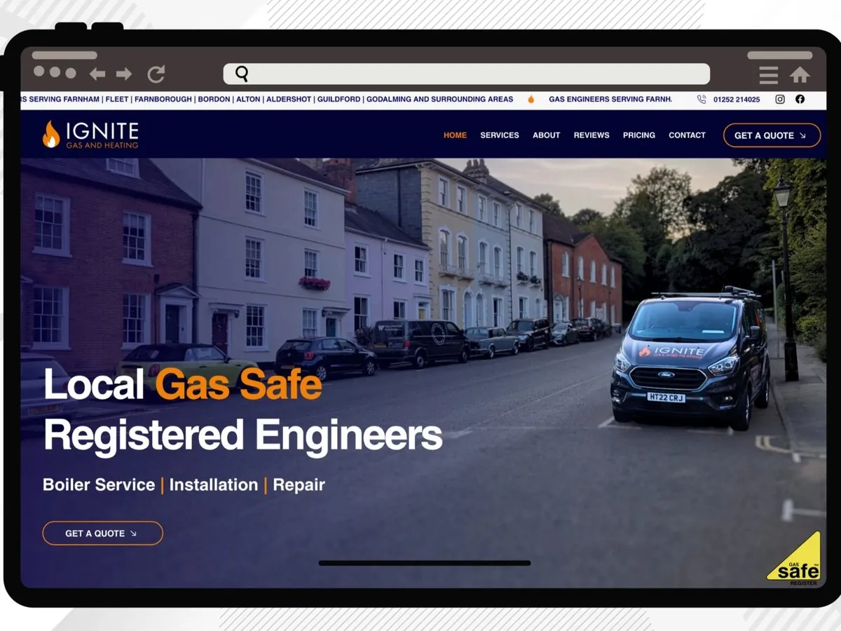 The Ignite Gas & Heating website on a tablet, local Gas Safe registered engineers
