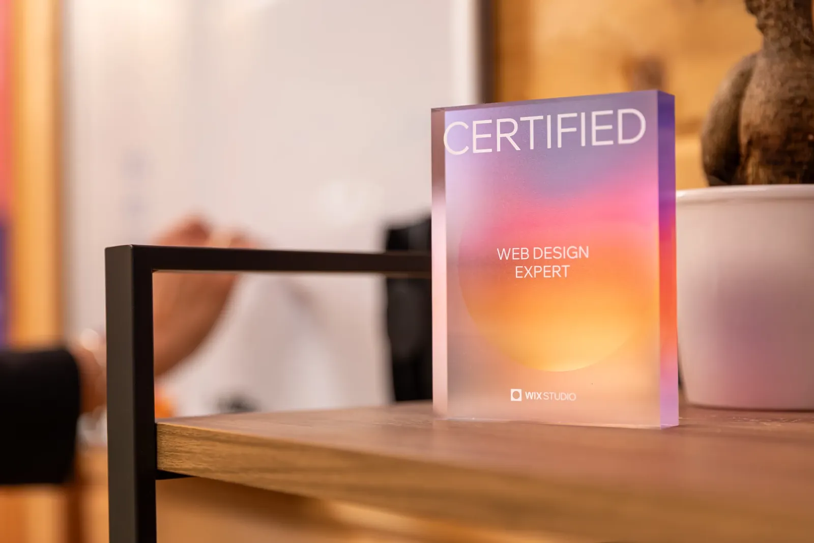 Wix Studio Certified Web Design Expert award on a shelf in the Vision Marketing studio
